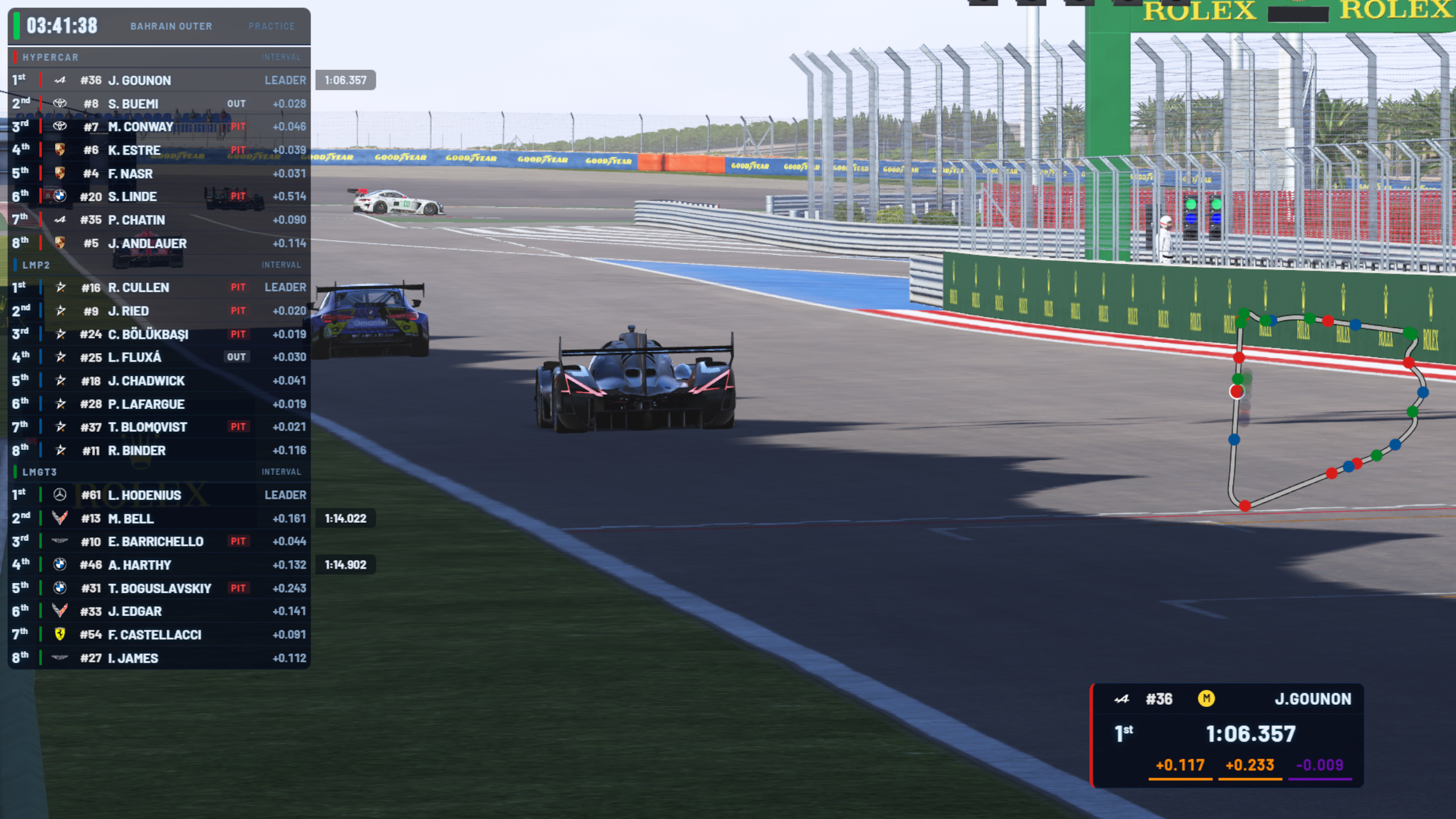 In-game overlay showing standings tower, track map with car positions, and driver info panel over Le Mans Ultimate gameplay