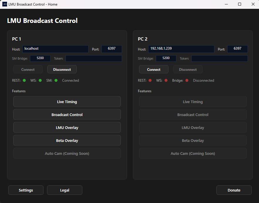 LMU Broadcast Control home screen showing dual PC connection panels, feature navigation buttons, and connection status indicators