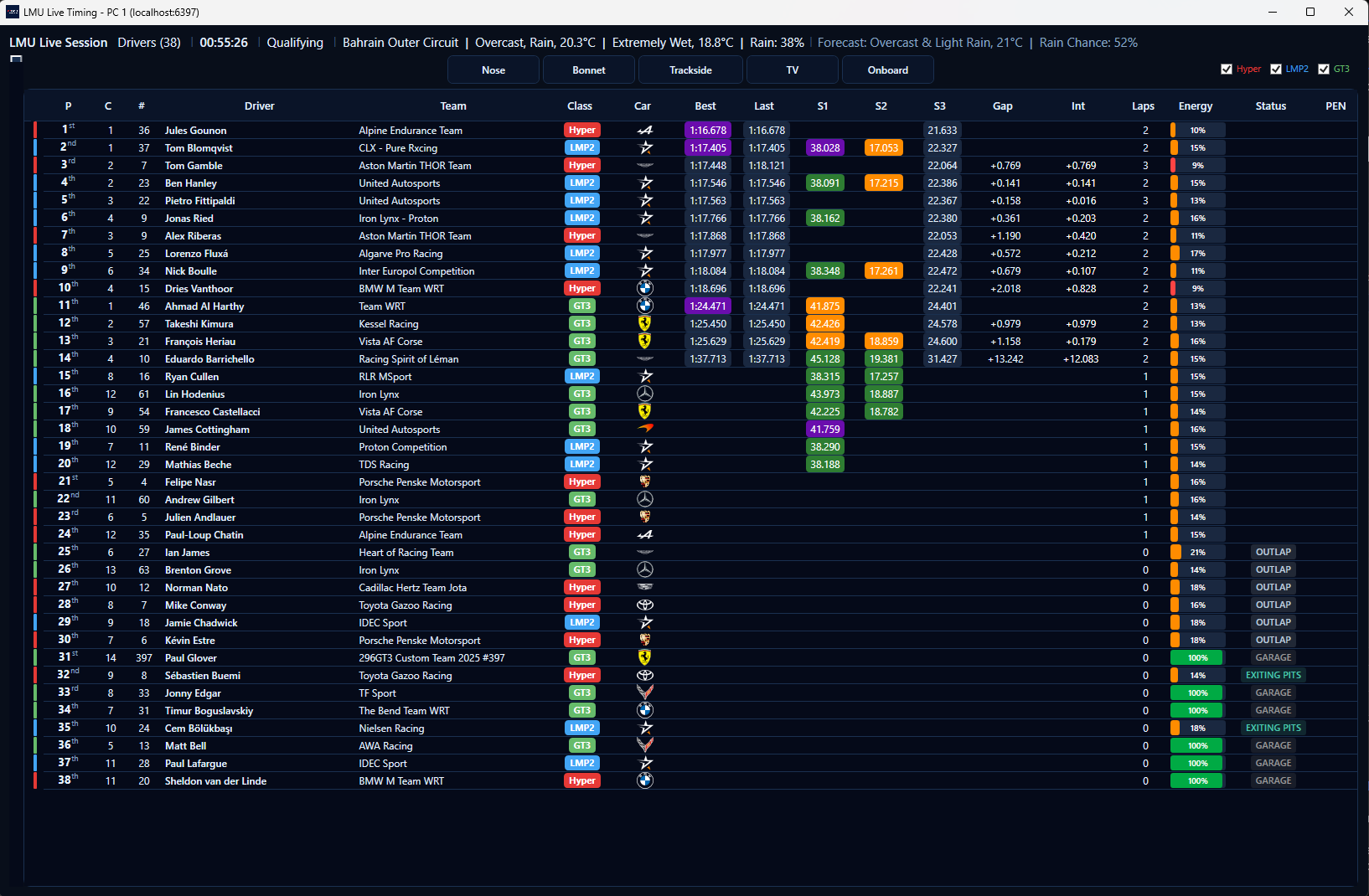 Live timing grid showing 30+ drivers with positions, sector times, gaps, team logos, and class colours during a qualifying session at Bahrain